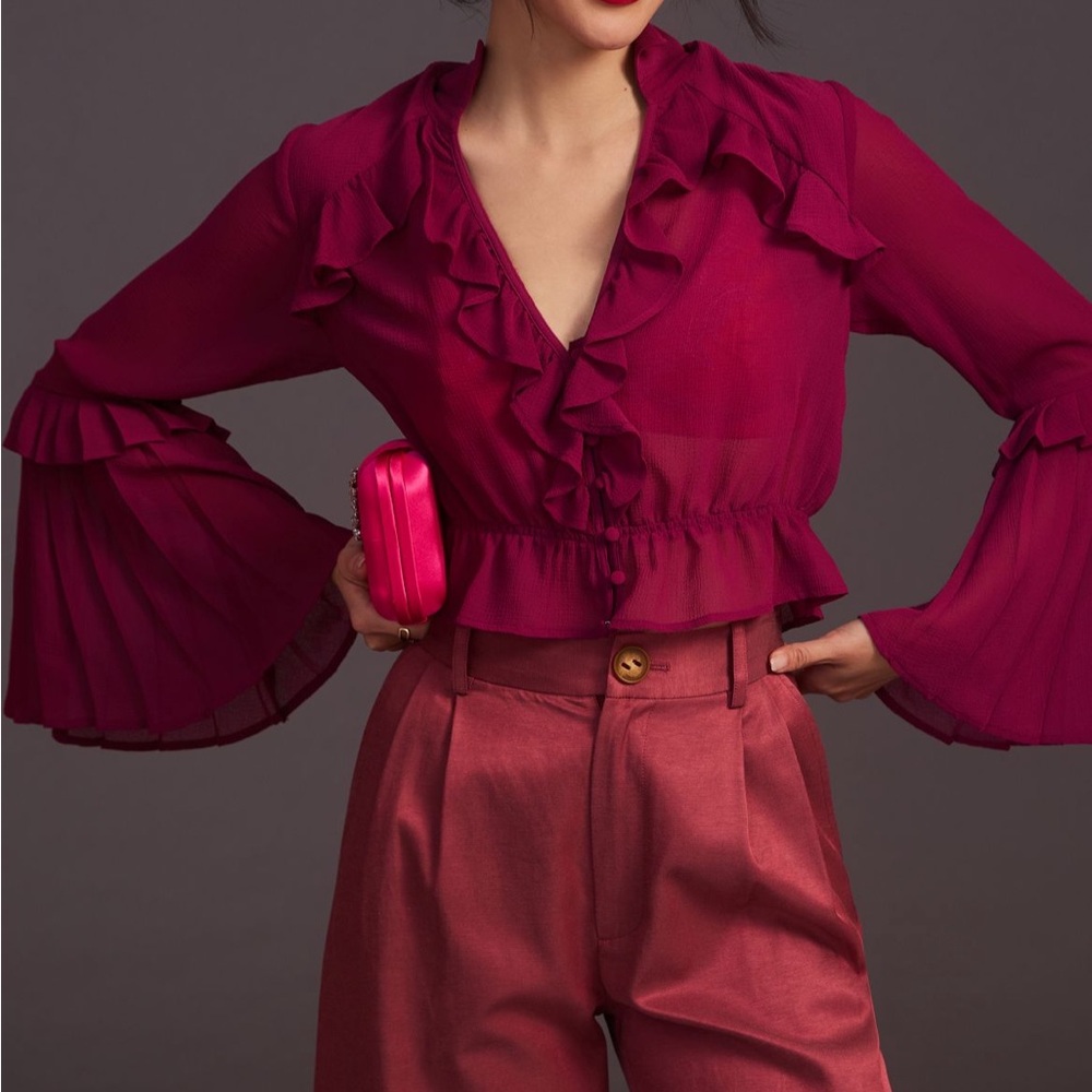 Anthropologie Deep Magenta Ruffled Blouse
